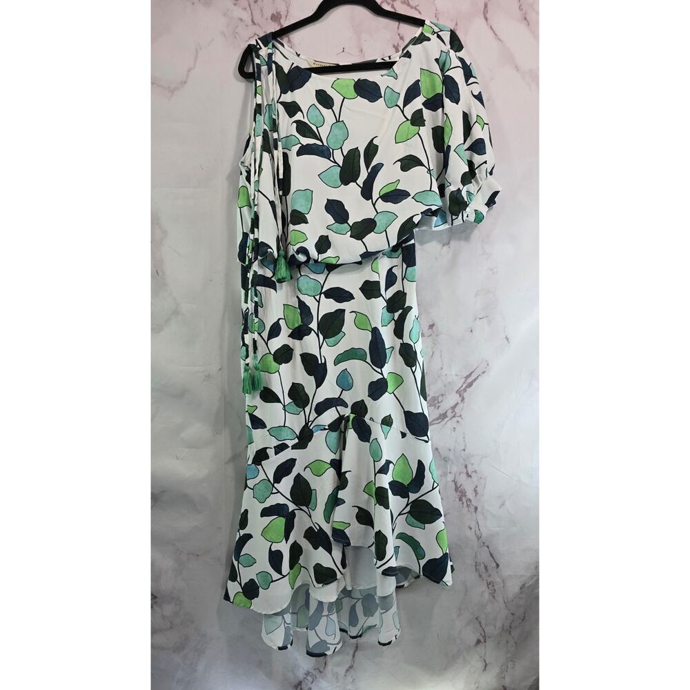Eshakti Dress Womens Large White Green Vines Midi Peplum One Shoulder Long